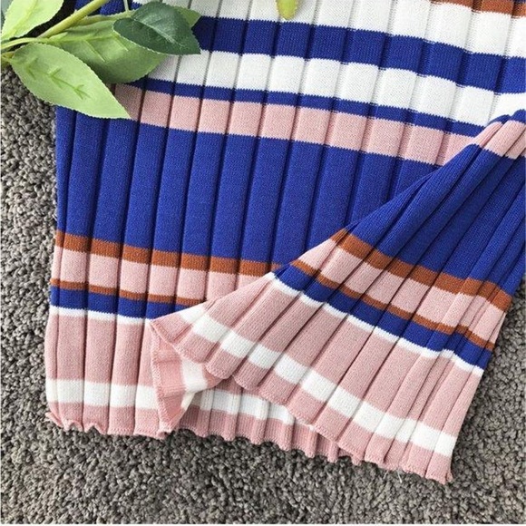 Women Ribbed Woven Bodycon Dress Small S Blue Pink White Stretch Wide Stripes - Picture 14 of 16